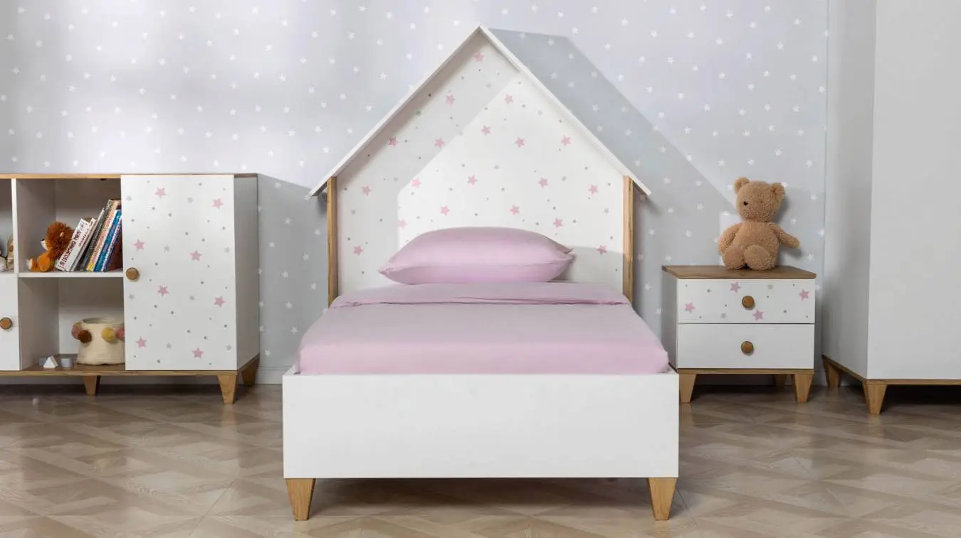Детская кровать Nicky, цвет: Белый премиум + Дуб Натюрель + Розовый декор Askona фото - 3 - большое изображение